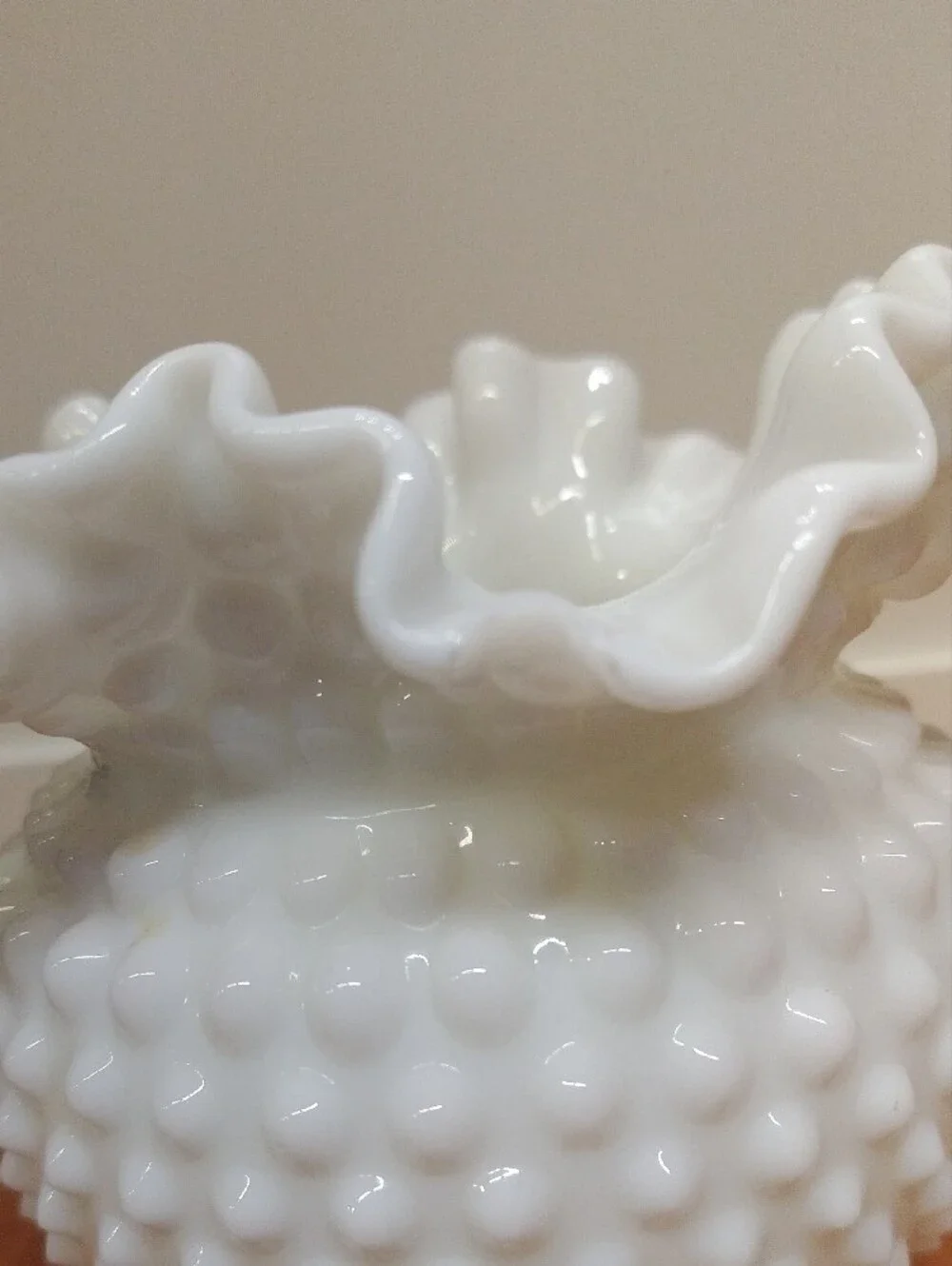 Vintage White Milk Glass Hobnail Ruffled Vase 5.5